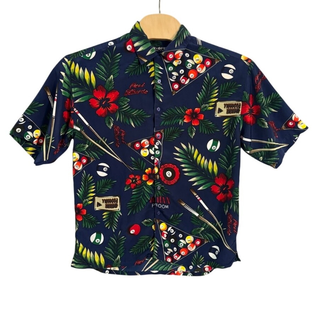Box Office Island Mens Navy Maui Billiards Hawaiian Shirt Pool Cue Print Size M